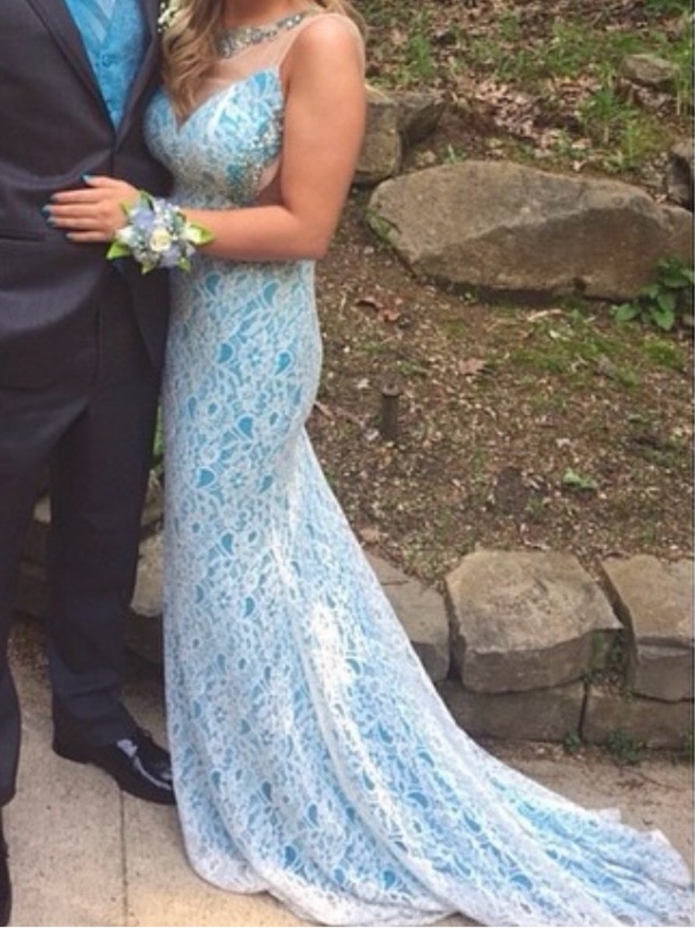 Vienna Prom Light Blue Lace Mermaid Gown